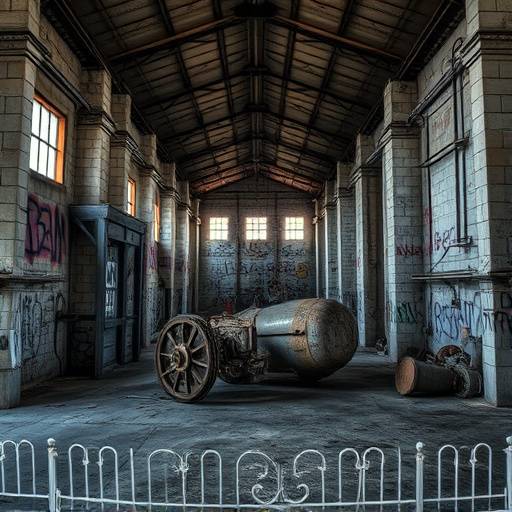 Abandoned industrial warehouse featuring graffiti-covered walls and remnants of old machinery.