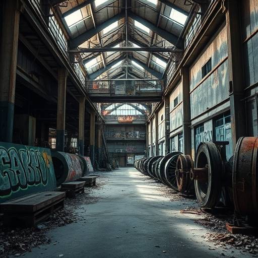 Abandoned industrial warehouse with graffiti-covered walls and rusty machinery.