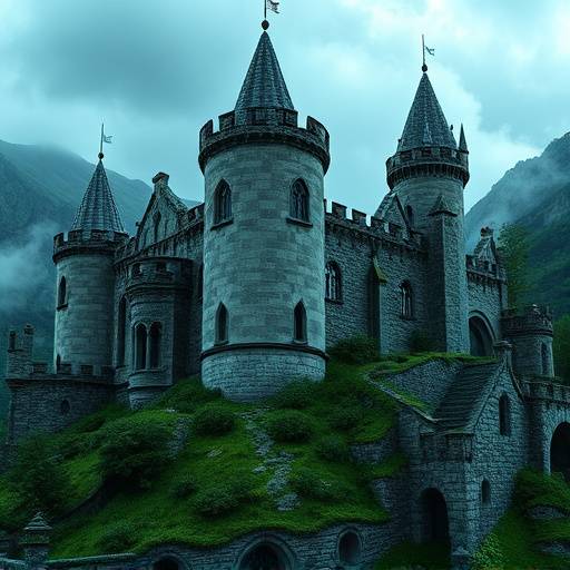 Ancient stone castle with turrets and gothic architecture, surrounded by a lush green landscape.