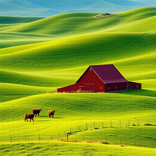 Rolling green hills of a farm with a red barn and grazing cows.